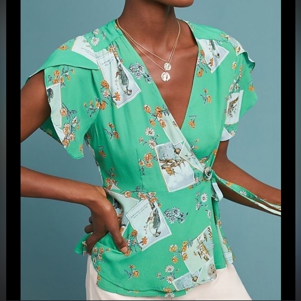 Anthropologie Meadow Rue Bon voyage Floral Green Wrap Top US 12